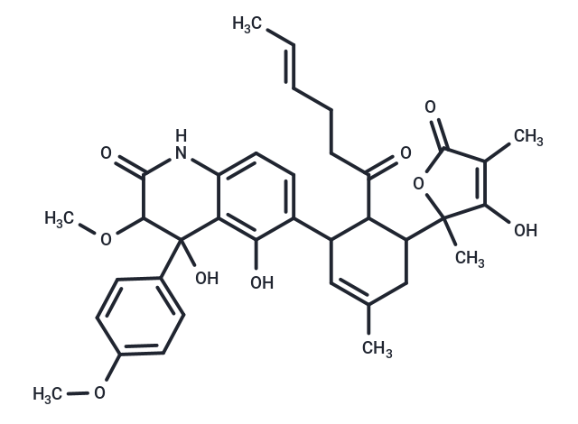 6-{6-[(4E)-hex-4-enoyl]-5-(3-hydroxy-2,4-dimethyl-5-oxo-2,5-dihydrofuran-2-yl)-3-methylcyclohex-2-en-1-yl}-4,5-dihydroxy-3-methoxy-4-(4-methoxyphenyl)-1,2,3,4-tetrahydroquinolin-2-one